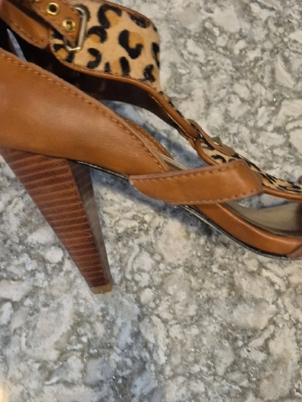 Beverly Feldman Tan Strappy Heels with Leopard-Print Panel